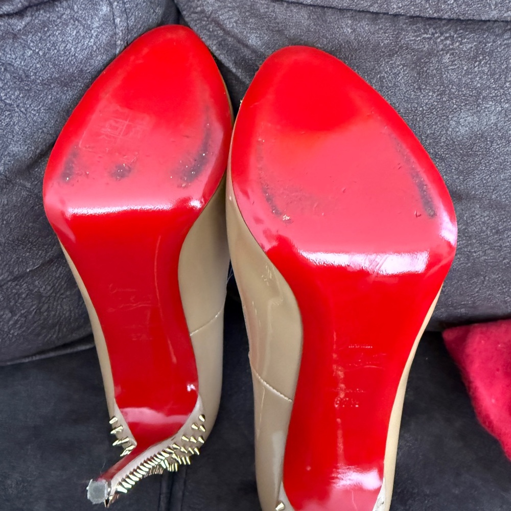 Christian Louboutin Nude and Red Spiked Heels - Picture 2 of 6